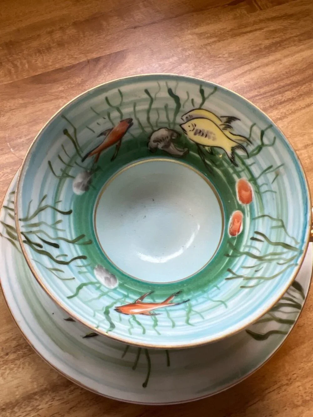 Made in Japan Hand Painted Koi Fish Pond Teacup & Saucer Angel Fish Tropical